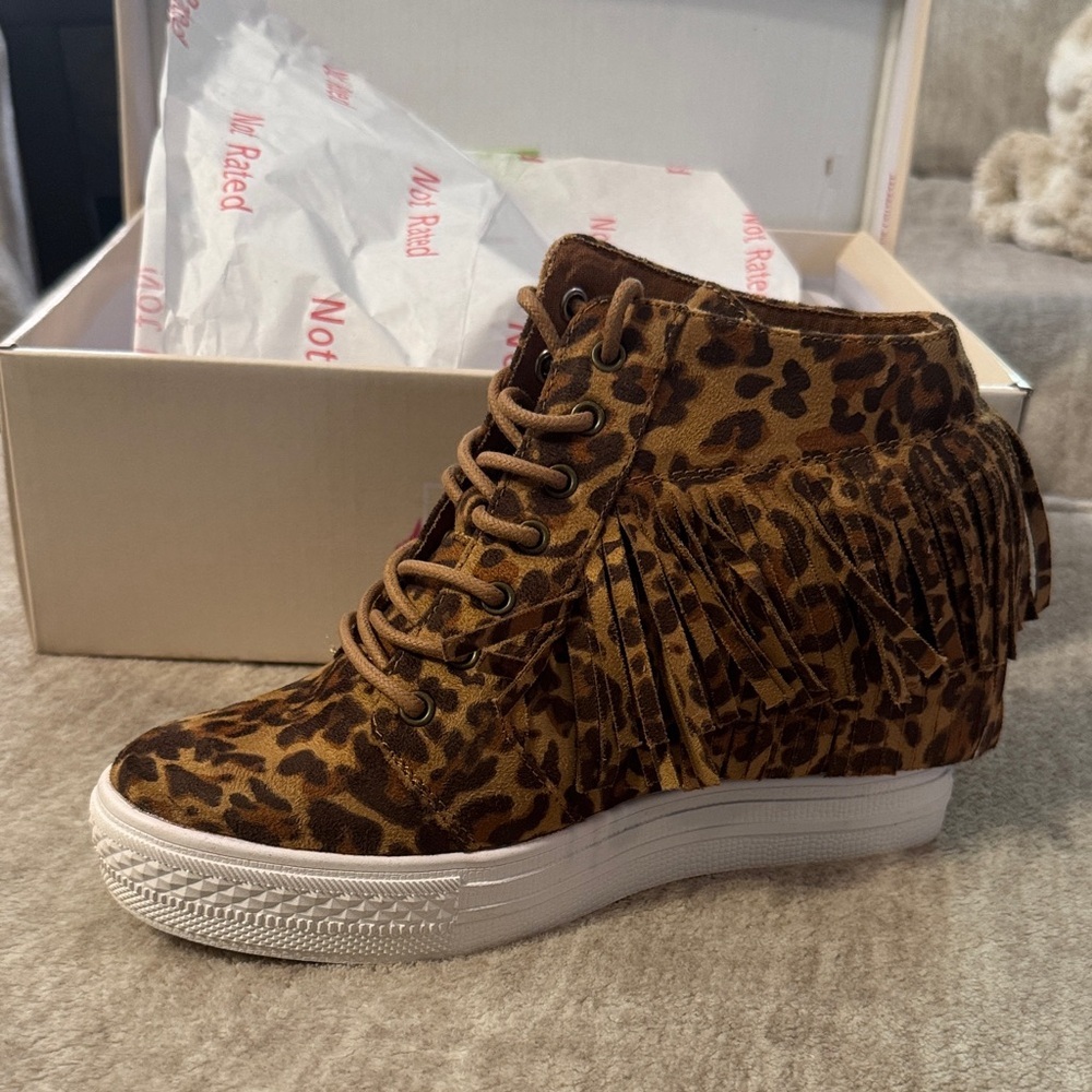 Not Rated Brown Leopard Fringe Sneakers​